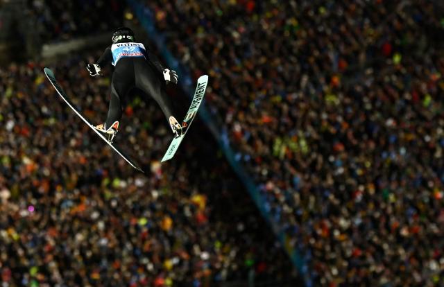 Japan's Junshiro Kobayashi competes during the first round of the Men's Individual Large Hill HS137 event of the FIS Ski Jumping World Cup, the first leg of the Four Hills Tournament, in Oberstdorf, southern Germany on December 29, 2025. (Photo by PHILIPP GUELLAND / AFP)
