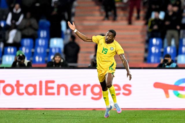 Zimbabwe's forward #19 Tawanda Maswanhise celebrates after the secong goal during the Africa Cup of Nations (CAN) Group B football match between Zimbabwe and South Africa at Marrakesh Stadium in Marrakesh on December 29, 2025. (Photo by Khaled DESOUKI / AFP)