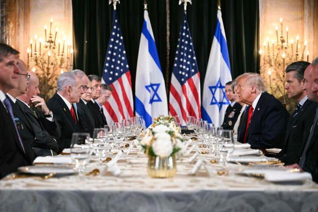 US President Donald Trump (center R) meets with Israeli Prime Minister Benjamin Netanyahu (center L) during a bilateral meeting at Trump’s Mar-a-Lago residence in Palm Beach, Florida, on December 29, 2025. (Photo by Jim WATSON / AFP)