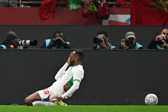Morocco's forward #20 Ayoub El Kaabi celebrates scoring his team's first goal during the Africa Cup of Nations (CAN) group stage football match between Zambia and Morocco at Prince Moulay Abdellah Stadium in Rabat on December 29, 2025. (Photo by Gabriel BOUYS / AFP)