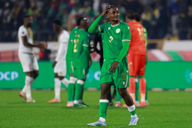 Comoros's defender #02 Ismael Boura reacts after the Africa Cup of Nations (CAN) Group A football match between Comoros and Mali at Mohammed V Stadium in Casablanca on December 29, 2025. (Photo by Abdel Majid BZIOUAT / AFP)