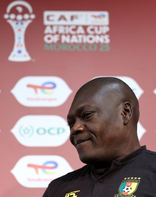 Cameroon's head coach David Pagou attends a press conference at the Agadir Grand Stadium in Agadir, on December 30, 2025, the eve of the 2025 Africa Cup of Nations (CAN) Group F football match between Cameroon and Mozambic. (Photo by FRANCK FIFE / AFP)