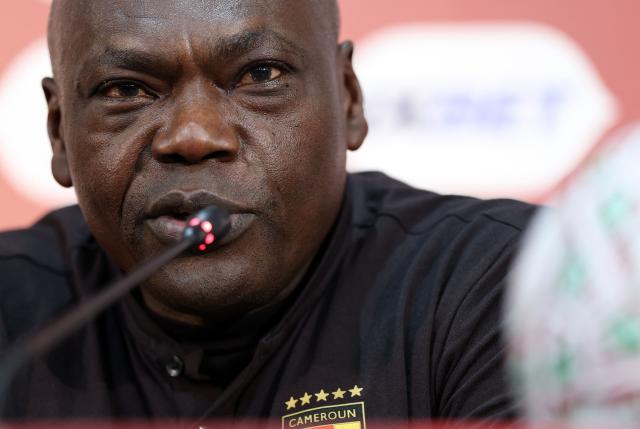 Cameroon's head coach David Pagou attends a press conference at the Agadir Grand Stadium in Agadir, on December 30, 2025, the eve of the 2025 Africa Cup of Nations (CAN) Group F football match between Cameroon and Mozambic. (Photo by FRANCK FIFE / AFP)