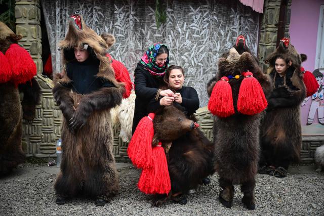 A local woman (C) gets her hair braided as she prepares to wear a bear skin costume in the village of Asau prior to taking part in the traditional "Dance of the Bears" parade in the nearby city of Comanesti, Romania, on December 30, 2025. Every year Comanesti hosts the New Year's ritual of the ancient "Dance of the Bears", a spectacular tradition where hundreds of performers clad in real bear skins parade through the streets to symbolize the death and rebirth of nature. Dating back to pre-Christian times, the "Jocul Ursilor" sees locals wearing skins, that can weigh tens of kilograms, dancing to drive away evil spirits for the coming year. (Photo by Daniel MIHAILESCU / AFP)