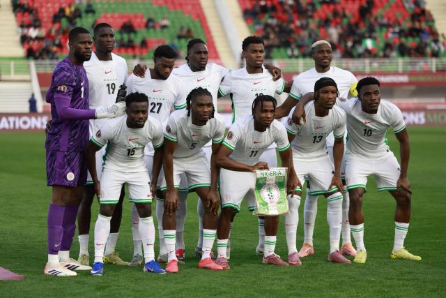 Nigeria's team poses before the Africa Cup of Nations (CAN) Group C football match between Uganda and Nigeria at Fes Stadium in Fes on December 30, 2025. (Photo by Abdel Majid BZIOUAT / AFP)