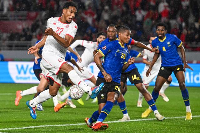 Tunisia's forward #27 Seifeddine Jaziri tries to kick the ball during the Africa Cup of Nations (CAN) Group C football match between Tanzania and Tunisia at Rabat Olympic Stadium in Rabat on December 30, 2025. (Photo by Paul ELLIS / AFP)
