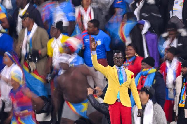 TOPSHOT - Democratic Republic of Congo supporters cheer during the Africa Cup of Nations (CAN) Group D football match between Botswana and Democratic Republic of Congo at El Madina Stadium in Rabat on December 30, 2025. (Photo by SEBASTIEN BOZON / AFP)