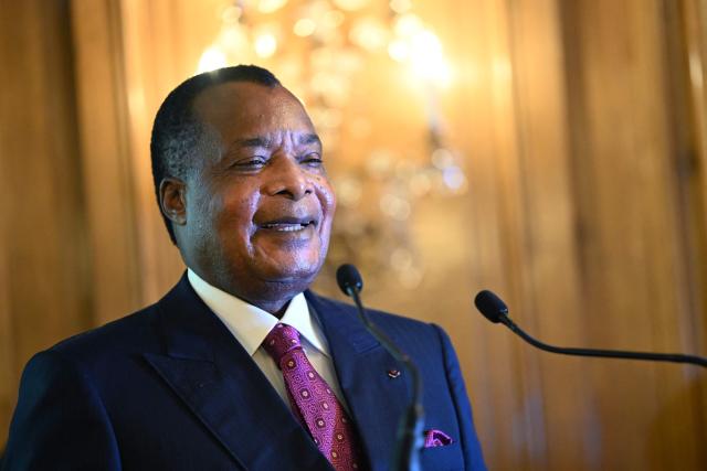 (FILES) Republic of Congo's President Denis Sassou-Nguesso delivers a speech during a reception as part of his state visit, at the Hotel Bristol in Paris, on May 22, 2025. Congo president Sassou Nguesso will stand for re-election in March presidential polls, his party said December 30, 2025 in choosing the 82-year-old for the contest, an AFP journalist reported. (Photo by Leo VIGNAL / AFP)