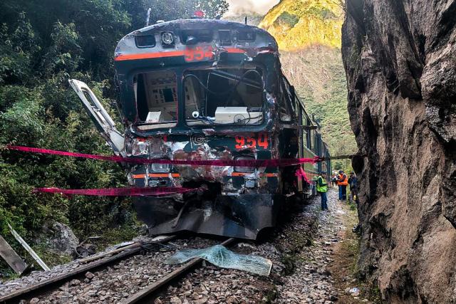 One of the two trains affected after a head-on collision connecting Machu Picchu with Ollantaytambo is pictured in Pampacahua, Cusco Department, Peru, on December 30, 2025. On December 30, 2025, a head-on collision between two trains on the line that services Peru's Machu Picchu killed one person and injured at least 40 others, authorities said, updating an earlier toll. (Photo by Carolina Paucar / AFP)