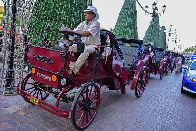 A coachman rests on a new electric carriage as he waits for tourists to transport through the historic center of Cartagena, Colombia, on December 30, 2025. Traditional horse-drawn carriages will be banned starting December 29, 2025, in Cartagena, a tourist gem in Colombia, according to an announcement made by the local mayor on December 26. (Photo by Manuel PEDRAZA / AFP)