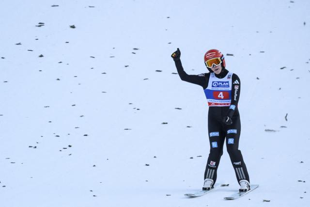 Germany’s Selina Freitag reacts while landing her jump during the FIS Ski Jumping Two Nights Tour women's World Cup in Garmisch-Partenkirchen southern Germany on December 31, 2025. (Photo by Philipp Guelland / AFP)