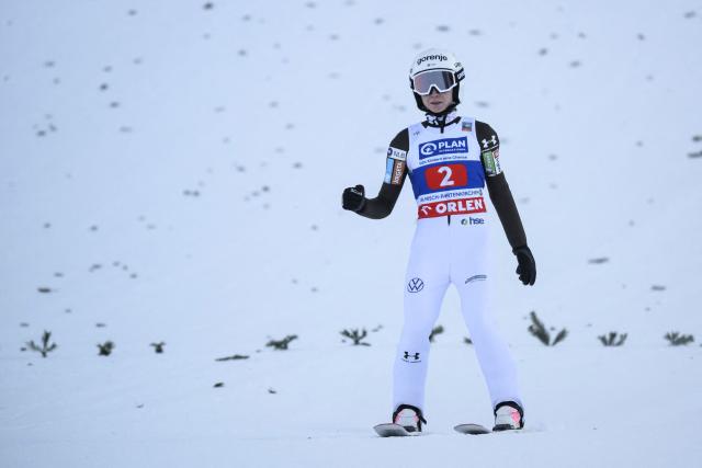 Slovenia’s Nika Prevc reacts during the FIS Ski Jumping Two Nights Tour women's World Cup in Garmisch-Partenkirchen southern Germany on December 31, 2025. (Photo by Philipp Guelland / AFP)