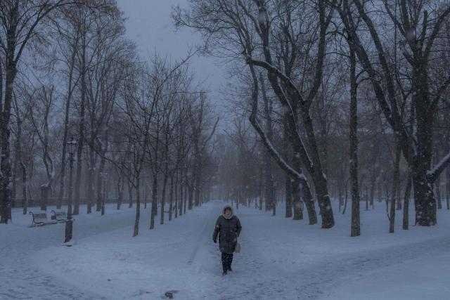 A pedestrian walks through Saint Volodymyr Hill Park during a snowy day on New Year's Eve in Kyiv on December 31, 2025, amid the Russian invasion of Ukraine. (Photo by Roman PILIPEY / AFP)