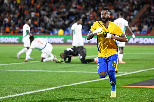Gabon's midfielder #12 Guelor Kanga celebrates scoring his team's first goal during the Africa Cup of Nations (CAN) Group F football match between Gabon and Ivory Coast at the Grand Stadium in Marrakech on December 31, 2025. (Photo by Khaled DESOUKI / AFP)