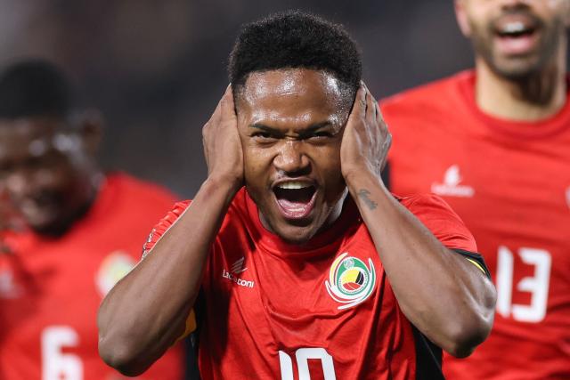 TOPSHOT - Mozambique's midfielder #10 Geny Catamo celebrates scoring his team's first goal during the Africa Cup of Nations (CAN) Group F football match between Mozambique and Cameroon at the Grand Stadium in Agadir on December 31, 2025. (Photo by FRANCK FIFE / AFP)
