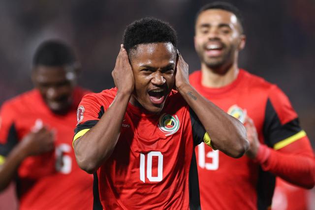 Mozambique's midfielder #10 Geny Catamo celebrates scoring his team's first goal during the Africa Cup of Nations (CAN) Group F football match between Mozambique and Cameroon at the Grand Stadium in Agadir on December 31, 2025. (Photo by FRANCK FIFE / AFP)