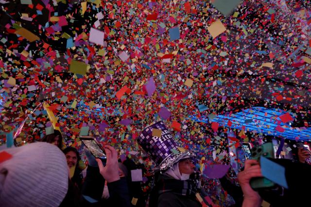 Confetti falls during the New Year's Eve celebrations and ball drop in Times Square in New York on January 1, 2026. (Photo by John Lamparski / AFP)