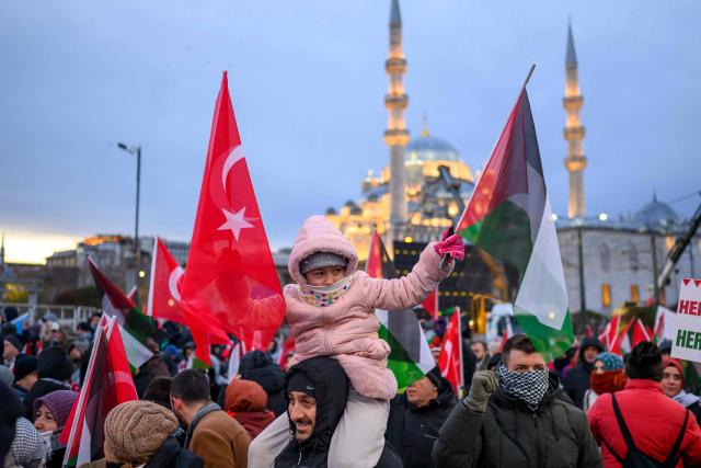 A young girl holds a Turkish flag and a Palestinain flag as people demonstrate in solidarity with the Palestinian people amid the ongoing war between Israel and the Palestinian Hamas group in the Gaza enclave, at the Galata Bridge in Istanbul on January 1, 2026. (Photo by Yasin AKGUL / AFP)