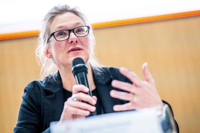 Attorney General of the Canton of Valais Beatrice Pilloud speaks during a press conference following an explosion that ripped through the bar Le Constellation in the luxury Alpine ski resort town of Crans-Montana, on January 1, 2026. "Several dozen" people are believed to have died and around 100 were injured when a fire ripped through a crowded bar in the luxury Swiss ski resort town of Crans-Montana, police said January 1. (Photo by MAXIME SCHMID / AFP)