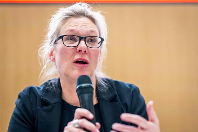 Attorney General of the Canton of Valais Beatrice Pilloud speaks during a press conference following an explosion that ripped through the bar Le Constellation in the luxury Alpine ski resort town of Crans-Montana, on January 1, 2026. "Several dozen" people are believed to have died and around 100 were injured when a fire ripped through a crowded bar in the luxury Swiss ski resort town of Crans-Montana, police said January 1. (Photo by MAXIME SCHMID / AFP)