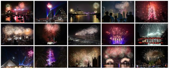 (COMBO) A combination of photographs created on January 1, 2026 shows firework displays to celebrate the New Year, just after midnight on January 1, 2026 in cities around the world : (from top L to bottom R) Sydney, Seoul, Putrajaya, Manila, Taiwan, Bangkok, Washington, Rio de Janeiro, Berlin, Hanoi, Cairo, Dubai, London, Abidjan and Paris. (Photo by AFP)