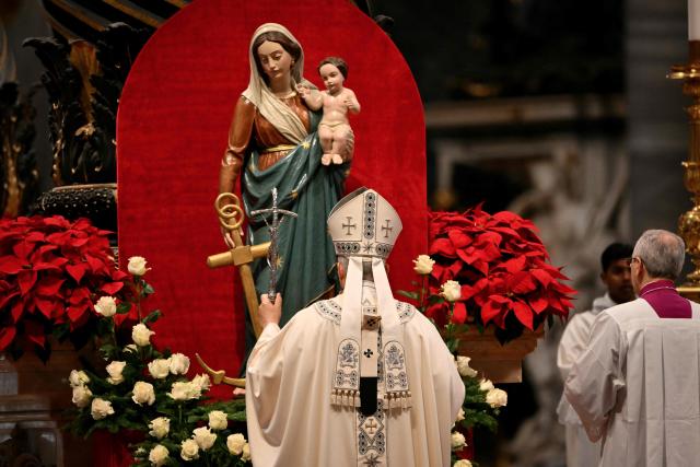 Pope Leo XIV presides over a Holy Mass for the Solemnity of Mary Mother of God as part of the New Year's celebrations in St. Peter's Basilica, at the Vatican, on January 1, 2026. (Photo by Alberto PIZZOLI / AFP)