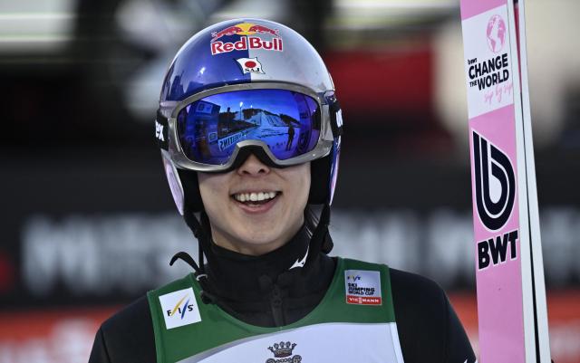 Japan's Ryoyu Kobayashi reacts after competing during the Men's Individual Large Hill HS142 event of the FIS Ski Jumping World Cup, the second leg of the Four Hills Tournament, in Garmisch-Partenkirchen, southern Germany on January 1, 2026. (Photo by PHILIPP GUELLAND / AFP)