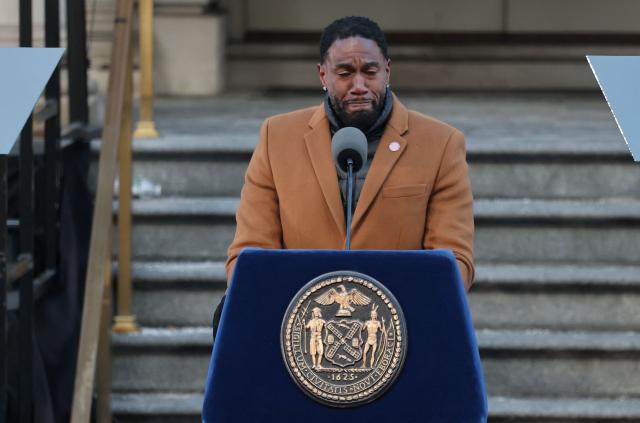 New York City Public Advocate Jumanee Williams gets emotional as he speaks during New York mayor Zohran Mamdani's public inauguration ceremony followed by a block party at City Hall in New York on January 1, 2026. Mamdani, the young upstart of the US left, was sworn in Thursday to take over as New York mayor for a term sure to see him cross swords with President Donald Trump. After the clocks struck midnight, bringing in 2026, Mamdani took his oath of office at an abandoned subway stop to begin managing the United States' largest city. He is New York's first Muslim mayor. (Photo by ANGELA WEISS / AFP)
