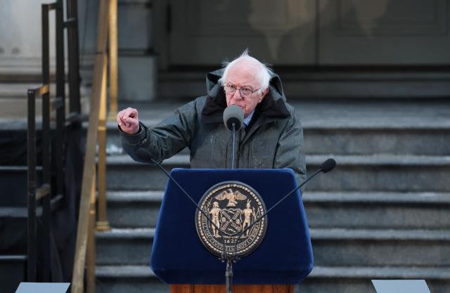 US Senator Bernie Sanders speaks during New York mayor Zohran Mamdani's public inauguration ceremony followed by a block party at City Hall in New York on January 1, 2026. Mamdani, the young upstart of the US left, was sworn in Thursday to take over as New York mayor for a term sure to see him cross swords with President Donald Trump. After the clocks struck midnight, bringing in 2026, Mamdani took his oath of office at an abandoned subway stop to begin managing the United States' largest city. He is New York's first Muslim mayor. (Photo by ANGELA WEISS / AFP)