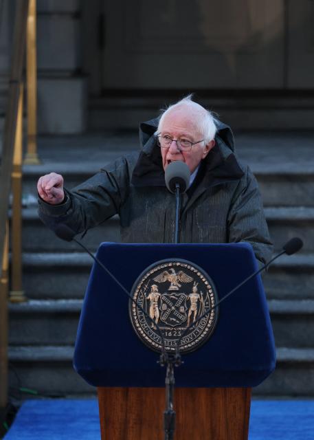 US Senator Bernie Sanders speaks during New York mayor Zohran Mamdani's public inauguration ceremony followed by a block party at City Hall in New York on January 1, 2026. Mamdani, the young upstart of the US left, was sworn in Thursday to take over as New York mayor for a term sure to see him cross swords with President Donald Trump. After the clocks struck midnight, bringing in 2026, Mamdani took his oath of office at an abandoned subway stop to begin managing the United States' largest city. He is New York's first Muslim mayor. (Photo by ANGELA WEISS / AFP)