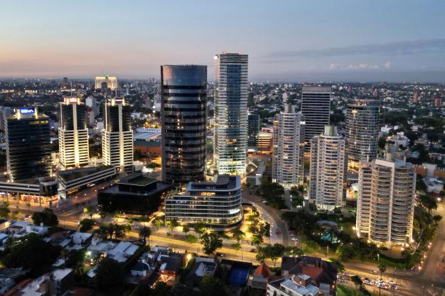 Aerial view showing the World Trade Center (WTC) in Buceo neighbourhood, Montevideo, on December 31, 2025. (Photo by Mariana SUAREZ / AFP)