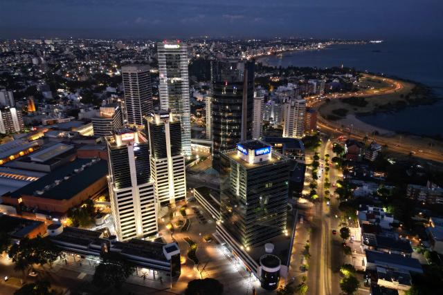 Aerial view showing the World Trade Center (WTC) in Buceo neighbourhood, Montevideo, on December 31, 2025. (Photo by Mariana SUAREZ / AFP)