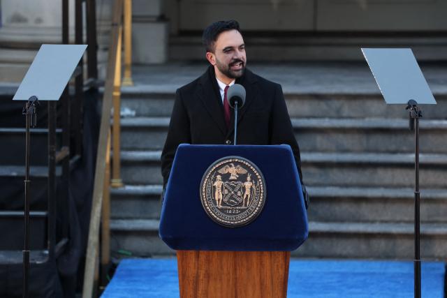 New York mayor Zohran Mamdani speaks during his public inauguration ceremony followed by a block party at City Hall in New York on January 1, 2026. Mamdani, the young upstart of the US left, was sworn in Thursday to take over as New York mayor for a term sure to see him cross swords with President Donald Trump. After the clocks struck midnight, bringing in 2026, Mamdani took his oath of office at an abandoned subway stop to begin managing the United States' largest city. He is New York's first Muslim mayor. (Photo by ANGELA WEISS / AFP)
