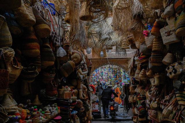 A photograph shows a shop displaying straw bags at the old market in Marrakesh's Jemaa el-Fna Square on January 1, 2026, during the Africa Cup of Nations (CAN) football tournament. (Photo by Khaled DESOUKI / AFP)