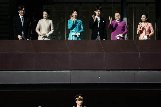 (L to R) Crown Prince Akishino, Crown Princess Kiko, Princess Kako, Prince Hisahito, Princess Nobuko and Princess Akiko attend the traditional New Year's greeting ceremony by Japan's royal family at the Imperial Palace in Tokyo on January 2, 2026. (Photo by Philip FONG / AFP)
