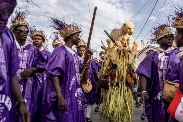 Members of the "Odilleh" Hunting Society carry a taxidermied leopard in the streets ahead of the annual New Years Hunting Festival in Banjul on January 1, 2026. Deeply rooted in tradition, the festival has become a cherished New Year celebration in The Gambia, marked by music, dancing, and vibrant masquerades. Held in the capital city, Banjul, the event features a friendly yet fierce competition among hunting societies Ekun Baba, Odilleh, and the recently joined Gun Shot Hunting Society as they showcase striking animal head displays, masks, and elaborate costumes. (Photo by Muhamadou BITTAYE / AFP)