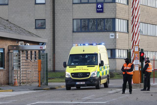 An ambulance leaves the Melsbroek military airport, in Melsbroek, near Brussels on January 2, 2026. At least 40 people were killed and around 115 injured in the fire at Le Constellation bar in the luxury ski resort town of Crans-Montana on December 31, 2025. Four patients were transfered to receive specialised care in Belgium on January 2, 2026, after emergency units at local hospitals filled up. (Photo by NICOLAS MAETERLINCK / Belga / AFP) / Belgium OUT
