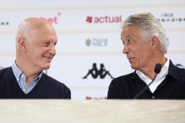 OGC Nice's French new presidents Jean-Pierre Rivere (R) and Maurice Cohen attend a press conference in Nice, south-eastern France, on January 2, 2026. (Photo by Valery HACHE / AFP)