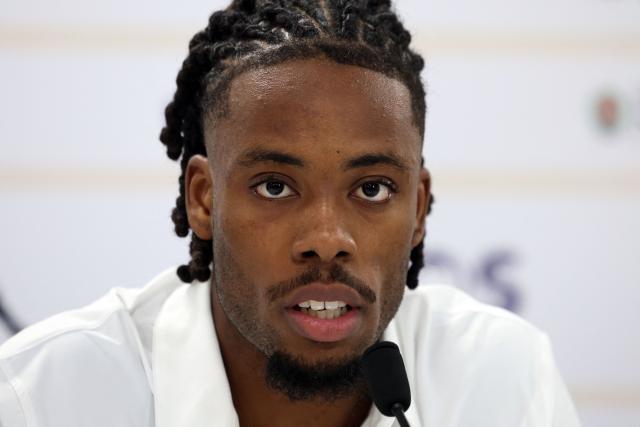 OGC Nice's French new player Elye Wahi speaks during a press conference in Nice, south-eastern France, on January 2, 2026. (Photo by Valery HACHE / AFP)