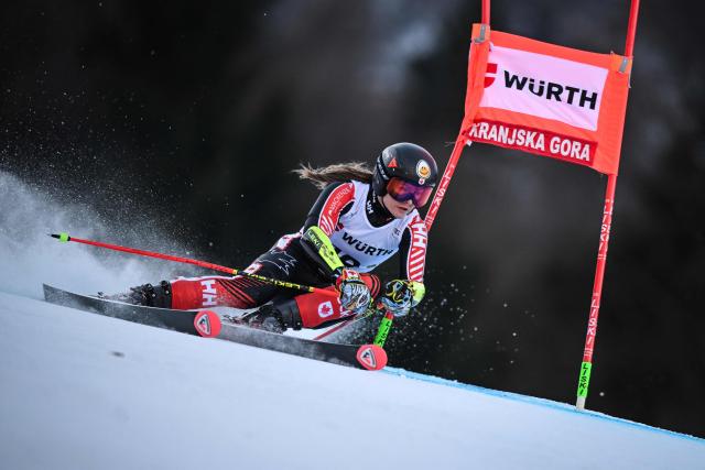 Canada's Valerie Grenier competes in the first run of the Women's Giant Slalom, part of the FIS Alpine Ski World Cup 2025-2026, in Kranjska Gora, Slovenia, on January 3, 2026. (Photo by Jure Makovec / AFP)