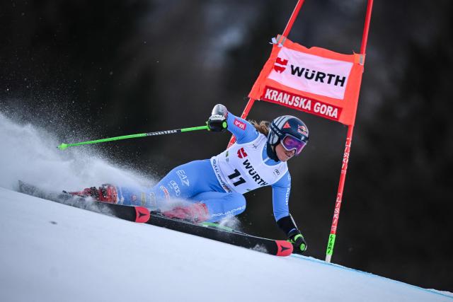 Italy's Sofia Goggia competes in the first run of the Women's Giant Slalom, part of the FIS Alpine Ski World Cup 2025-2026, in Kranjska Gora, Slovenia, on January 3, 2026. (Photo by Jure Makovec / AFP)