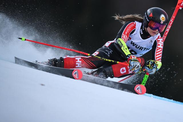 Canada's Valerie Grenier competes in the first run of the Women's Giant Slalom, part of the FIS Alpine Ski World Cup 2025-2026, in Kranjska Gora, Slovenia, on January 3, 2026. (Photo by Jure Makovec / AFP)
