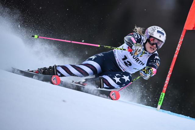 US' Nina O'Brien competes in the first run of the Women's Giant Slalom, part of the FIS Alpine Ski World Cup 2025-2026, in Kranjska Gora, Slovenia, on January 3, 2026. (Photo by Jure Makovec / AFP)