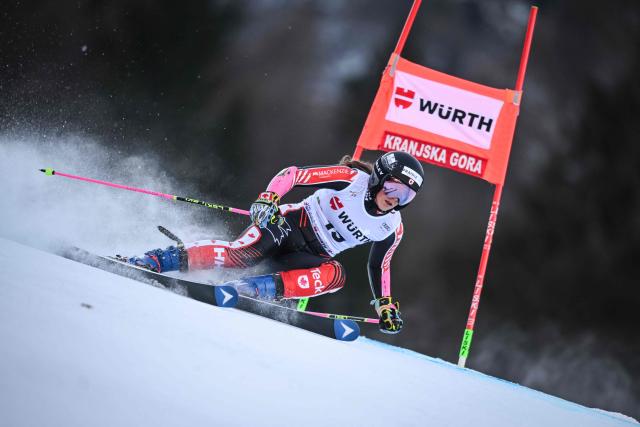 Canada's Britt Richardson competes in the first run of the Women's Giant Slalom, part of the FIS Alpine Ski World Cup 2025-2026, in Kranjska Gora, Slovenia, on January 3, 2026. (Photo by Jure Makovec / AFP)