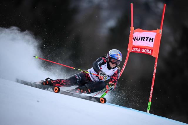 Albania's Lara Colturi competes in the first run of the Women's Giant Slalom, part of the FIS Alpine Ski World Cup 2025-2026, in Kranjska Gora, Slovenia, on January 3, 2026. (Photo by Jure Makovec / AFP)
