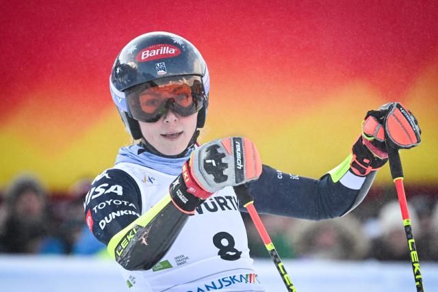 US' Mikaela Shiffrin reacts after crossing the finish line in the second run of the Women's Giant Slalom, part of the FIS Alpine Ski World Cup 2025-2026, in Kranjska Gora, Slovenia, on January 3, 2026. (Photo by Jure Makovec / AFP)