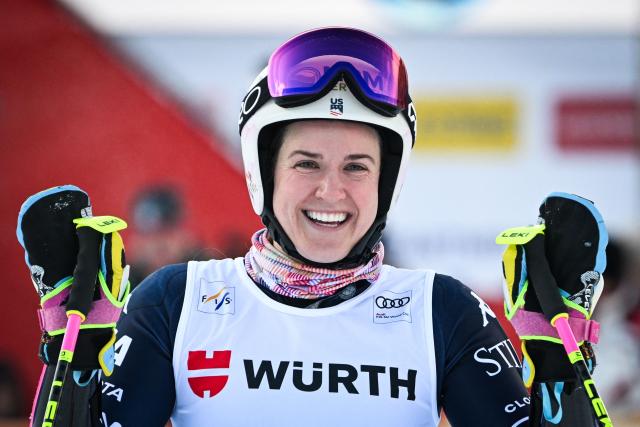 US' Paula Moltzan reacts after crossing the finish line in the second run of the Women's Giant Slalom, part of the FIS Alpine Ski World Cup 2025-2026, in Kranjska Gora, Slovenia, on January 3, 2026. (Photo by Jure Makovec / AFP)