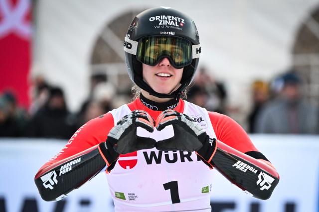 Winner Switzerland's Camille Rast reacts after crossing the finish line in the second run of the Women's Giant Slalom, part of the FIS Alpine Ski World Cup 2025-2026, in Kranjska Gora, Slovenia, on January 3, 2026. (Photo by Jure Makovec / AFP)