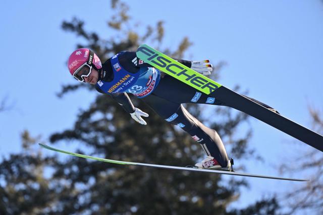 Germany's Felix Hoffmann soars through the air during the training round of the Men's Individual Large Hill HS128 event of the FIS Ski Jumping World Cup, the third leg of the Four Hills Tournament, in Innsbruck, Austria on January 3, 2026. (Photo by KERSTIN JOENSSON / AFP)