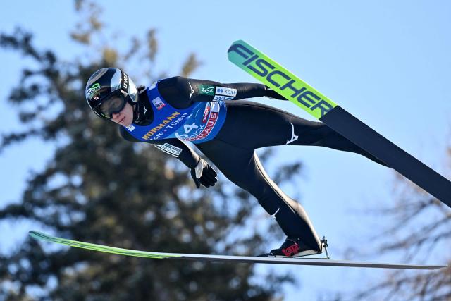 Japan's Ren Nikaido soars through the air during the training round of the Men's Individual Large Hill HS128 event of the FIS Ski Jumping World Cup, the third leg of the Four Hills Tournament, in Innsbruck, Austria on January 3, 2026. (Photo by KERSTIN JOENSSON / AFP)
